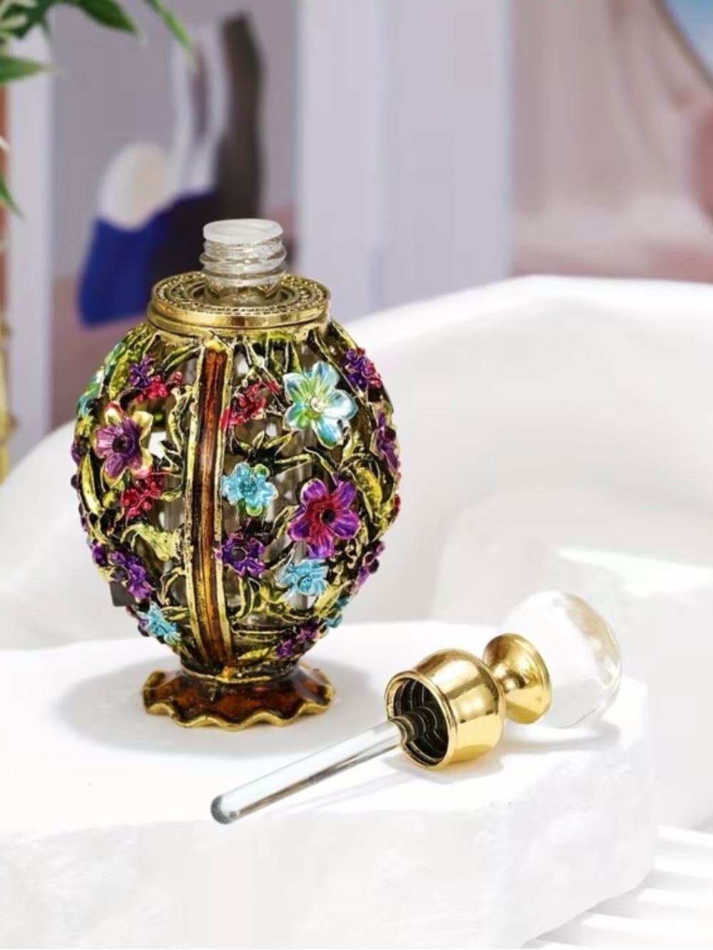 NIB Ornate Antique-Style Gold Floral Miniature Perfume Bottle - Multicolor - Picture 2 of 3
